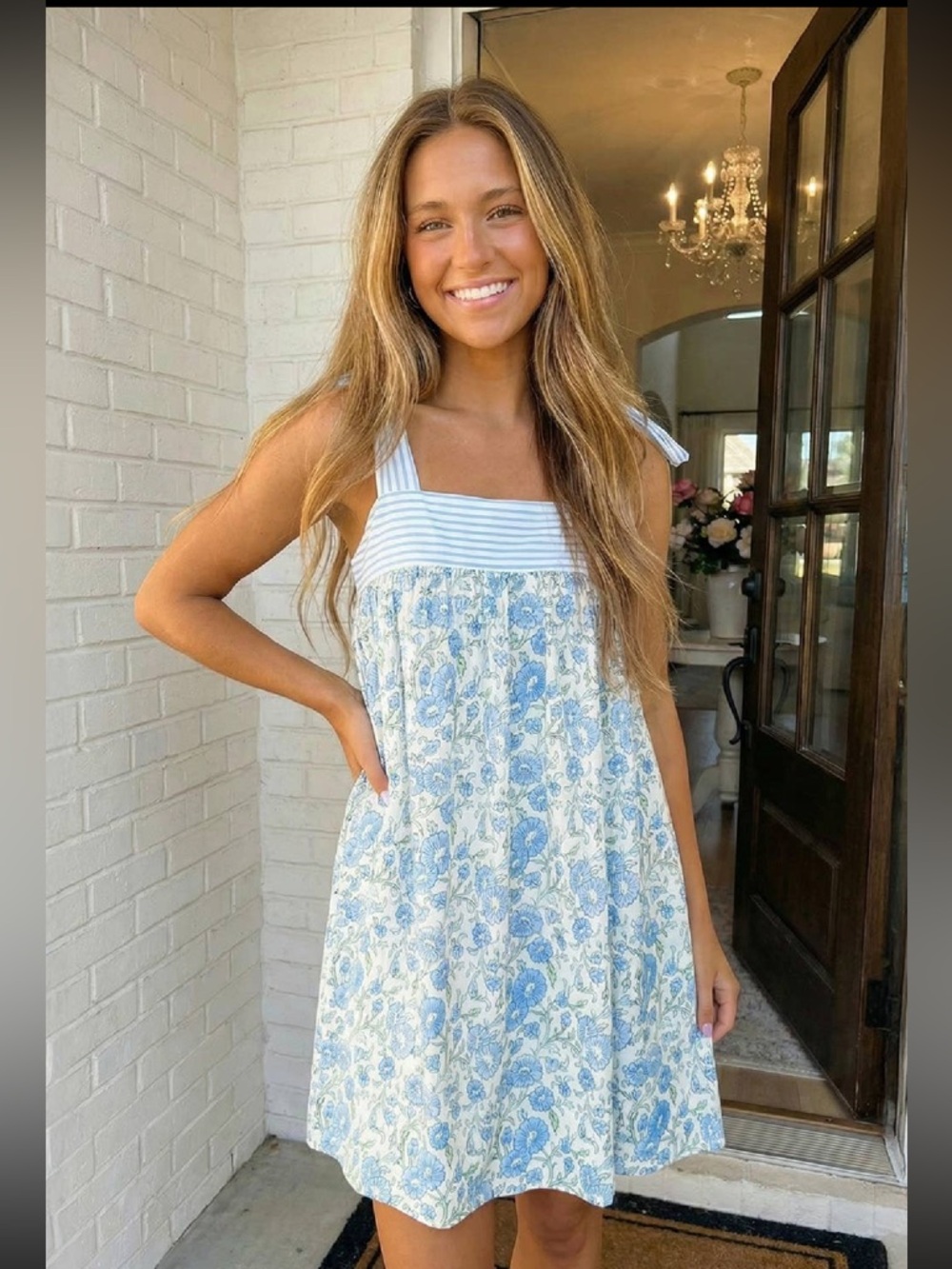 LA Society Sky Blue Floral Stripe Patchwork Bow Knot Strap Mini Dress
